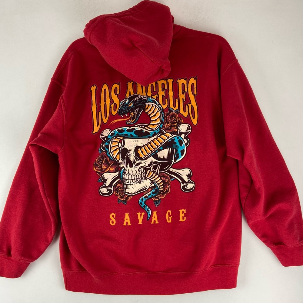 Los Angeles Savage Boys Red Hoodie Cobra Skull Sweatshirt Size Large (664)